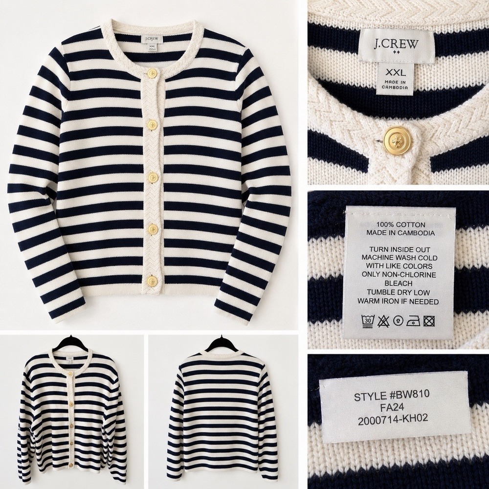 JCrew Womens Cotton Stripe Cardigan Navy Ivory Quiet Luxury Coastal Sweater XXL